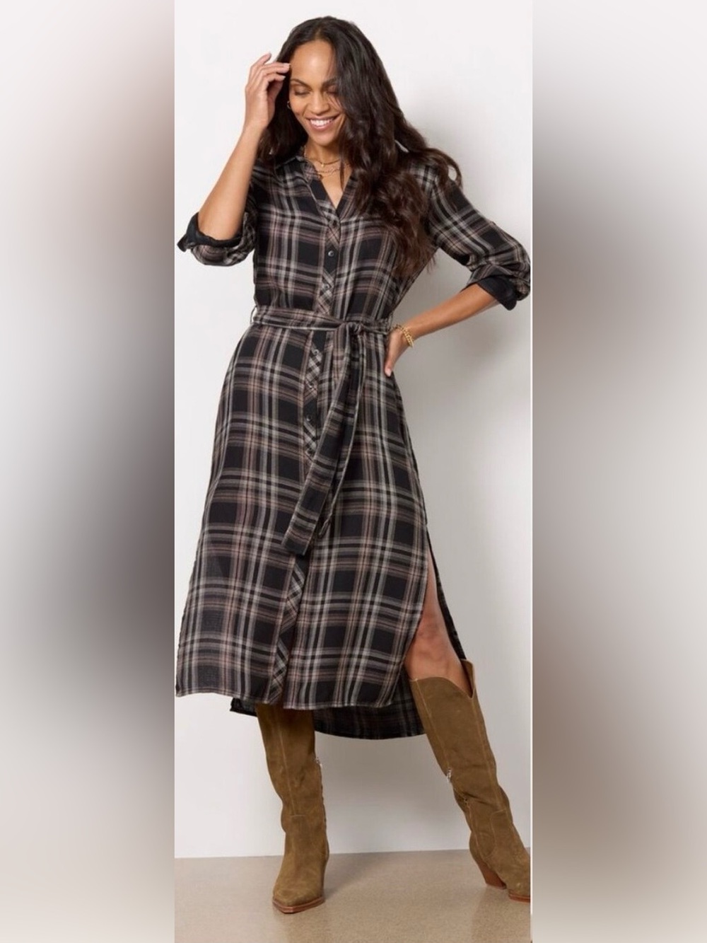 Cloth & Stone Long Sleeve Belted Duster Dress in Maplewood Plaid
